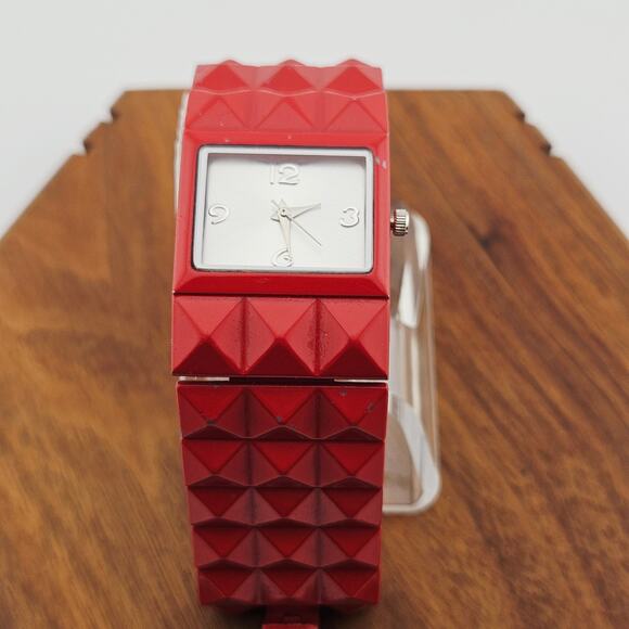 Red Studded Wide Band Bracelet Watch Art Deco Cube Chunky Bold Cosplay Costume - Picture 1 of 7